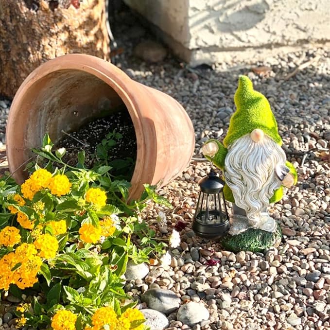 TERESA'S COLLECTIONS Christmas Outdoor Statue for Home, Resin Gnome Decorations with Solar Outdoor Lights for Garden Decor,Green Garden Sculptures & Statues for Front Patio Lawn, Gifts for Mom,12"