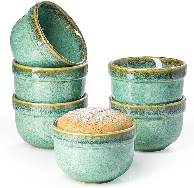 Henten Home 6 oz Ramekins Set Oven Safe, Ceramic Creme Brulee Ramekins Set of 6, Baking Cups for Pudding, Souffle, Ice Cream, Snack, Dipping (Green)