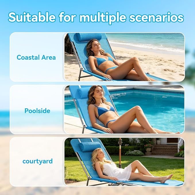Outdoor Chaise Lounge with Detachable Pillow, Reclining Folding Chair with 5-Position Adjustable Back, Portable Tanning Chair For Beach, Pool, Lawn, Breathable Mesh Seat, No Assembly (Blue 3)