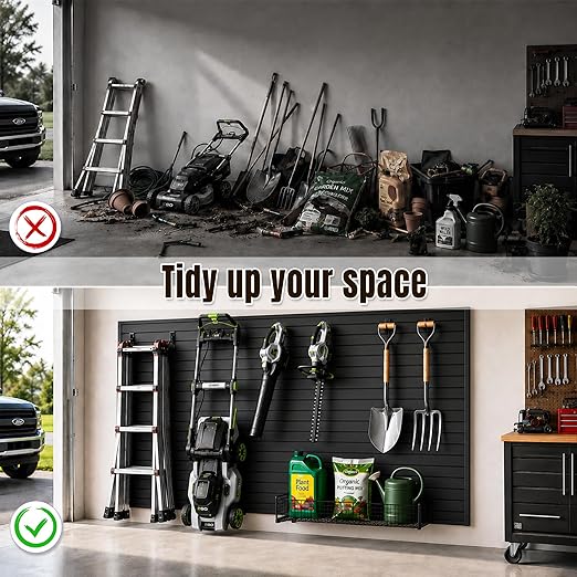 SMARTSTANDARD Slatwall Panel 4x8 FT, Garden Wall Organizer with 31 Garden Tool Hooks & Baskets,Heavy Duty PVC Slat Wall Panels for Gardening, Easy to Install & DIY Cutting (Black)
