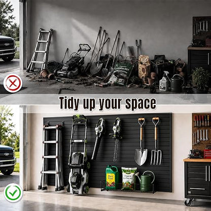 SMARTSTANDARD Slatwall Panel 4x8 FT, Garden Wall Organizer with 31 Garden Tool Hooks & Baskets,Heavy Duty PVC Slat Wall Panels for Gardening, Easy to Install & DIY Cutting (Black)