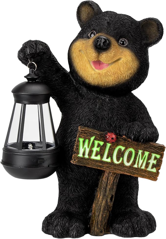 Juegoal Garden Bear Statue with Solar LED Lantern, Luminous Welcome Sign, Gifts for Mom Yard Art, Whimsical Figurine Large Sculpture Lighted Outdoor Mother's Day Spring Decorations for Lawn, Porch