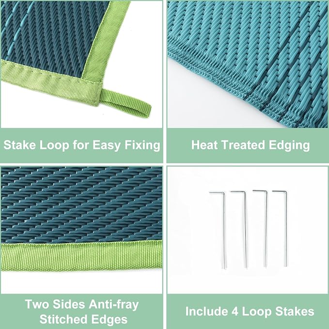 Anidaroel Ombre Outdoor Rug 5x8 for Patios Clearance, Waterproof Plastic Straw Outdoor Area Rug, Camping Rugs for Outside RV, Porch, Balcony, Pool Deck, Picnic, Camper(Blue&Green,5'x8')