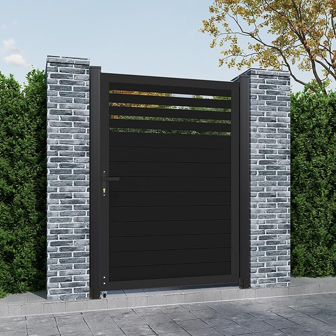 6ft x 4ft Aluminum Alloy Privacy Gate - Outdoor Metal Garden Gate with Lockable Knob, Partially Enclosed Security Gate, Design for Patio, Yard & Backyard, Easy Installation Without Posts