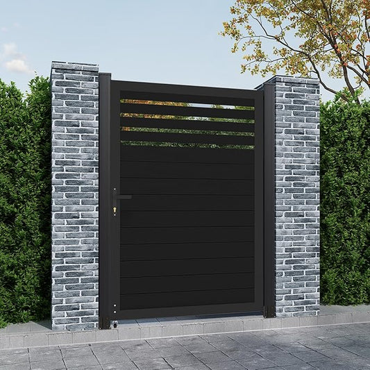 6ft x 4ft Aluminum Alloy Privacy Gate - Outdoor Metal Garden Gate with Lockable Knob, Partially Enclosed Security Gate, Design for Patio, Yard & Backyard, Easy Installation Without Posts