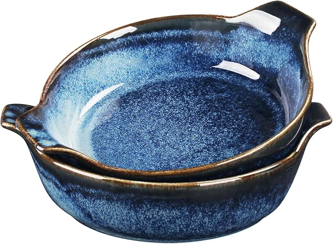 Ceramics Au Gratin baking Dishes Set of 2, Baking Tray Bake ware, 34 oz Ramekins, for Pie Pan, Appetizer, Tart, Dessert, Quiche, Oven Small dish, individual dishes, Deep Round 9.6 Inch
