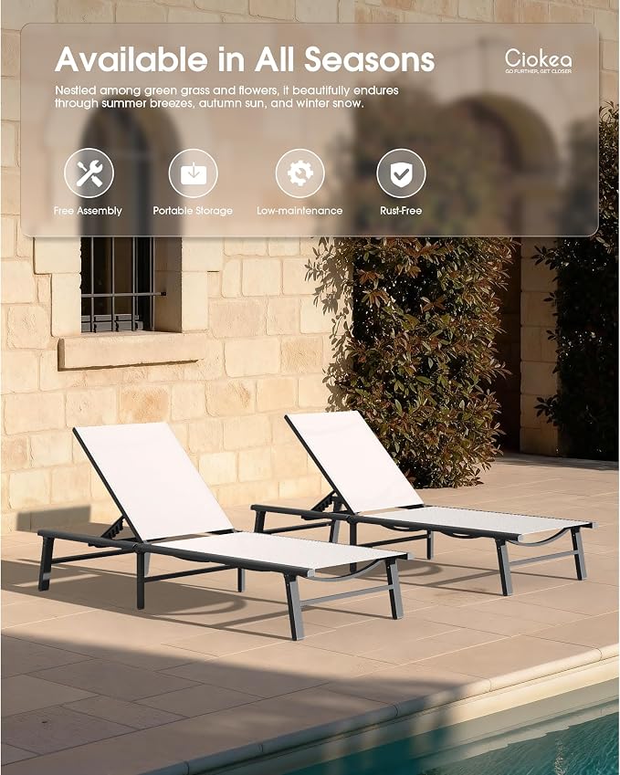 Ciokea Foldable Outdoor Lounge Chair Set of 2, No Assembly Aluminum Chaise Lounge Outdoor with 5 Adjustable Positions, Pool Lounge Chairs with Portable Design for Pool, Deck, Beach, Patio (White)