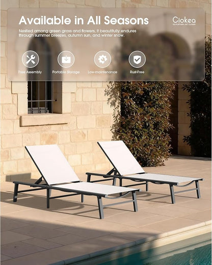 Ciokea Foldable Outdoor Lounge Chair Set of 2, No Assembly Aluminum Chaise Lounge Outdoor with 5 Adjustable Positions, Pool Lounge Chairs with Portable Design for Pool, Deck, Beach, Patio (White)