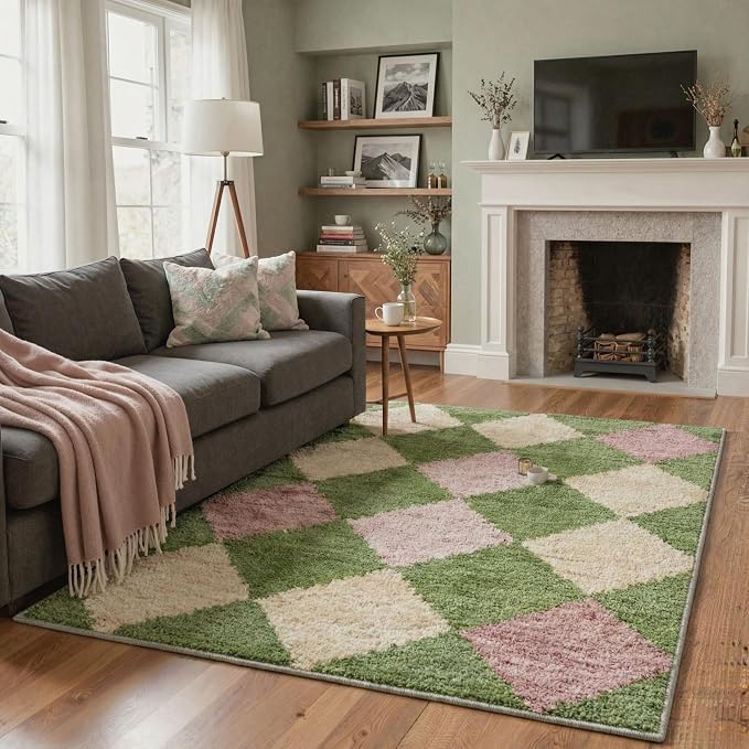 GENIMO Outdoor & Indoor Area Rug 5'x7', Waterproof, Non-Shedding, Easy Cleaning, Diamond Check Mat for Patio, Entryway, Porch, Living Room, Bedroom, Outside Carpet, Moss Green