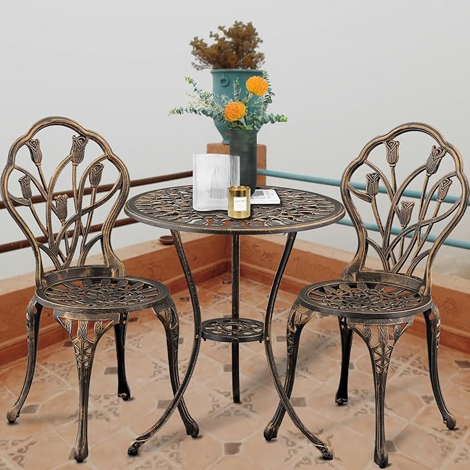 3-Piece Outdoor Bistro Set Cast Aluminum Patio bar Set with Umbrella Hole, Balcony, Backyard (Bronze, Tulip)