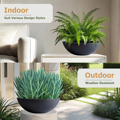 6.9"H x 19.7"D Round Bowl Fiberstone Planter for Succulent and Lotus with Drainage Hole, Smooth Finishes, Weather Resistant for Indoor, Included 2 Extra Coco Mats (Black, 17.9" Pot Opening)