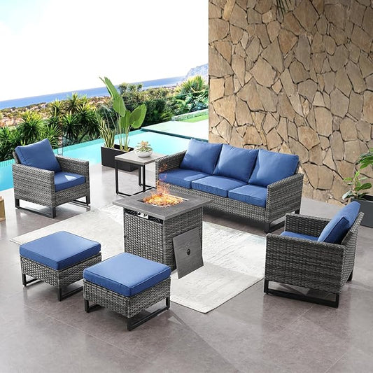 HUMMUH 7 Piece Patio Furniture with Fire Pit 30in 55,000 BTU,PE Wicker Outdoor Conversation Sets - Couch,Patio Chairs and Ottomans,Side Table for Porch,Garden,Backyard