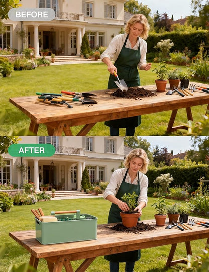 Gardening Tool Caddy, Garden Tool Basket with 4 Compartments, Metal Garden Caddy with Wooden Handle for Indoor & Outdoor