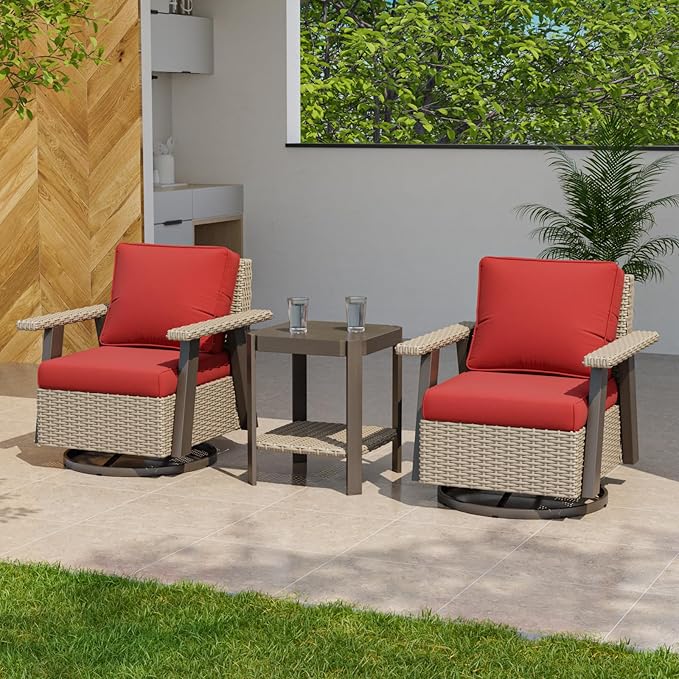 EAGLE PEAK Classic Wicker Patio Bistro Set of 3, Outdoor Patio Furniture with 360° Swivel Rocker Chair and Side Table, Lounge Set for Porch, Deck, or Balcony, Beige/Red