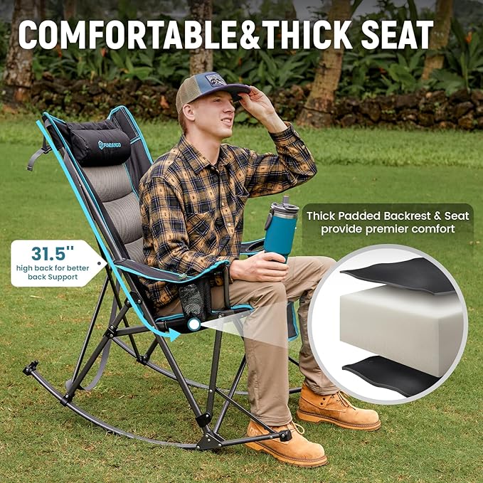 FUNDANGO Oversized Rocking Camping Chair for Adults, 2 Pack High Back Padded Folding Lawn Chairs with Pillows, Wide Armrest, 2 Cup Holders, Carry Bag for Patio Garden Outdoor Supports 440Lbs