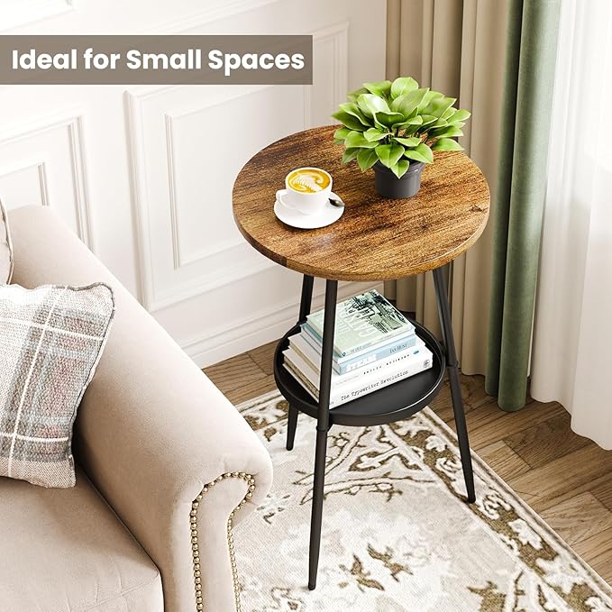 Side Table 2-Tier Round End Table Indoor Small Side Table Industrial Accent Table Nightstand for Small Spaces, Living Room, Bedroom.