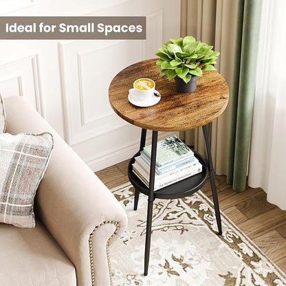 Side Table 2-Tier Round End Table Indoor Small Side Table Industrial Accent Table Nightstand for Small Spaces, Living Room, Bedroom.