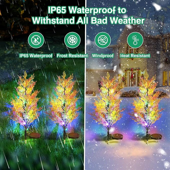 Solar Garden Lights Outdoor, 2 Pack Solar Flower Lights with Realistic 36 Lush Cypress Leaves, 12H Auto On/Off, Multi-Color Changing Light Waterproof for Garden Yard Decoration