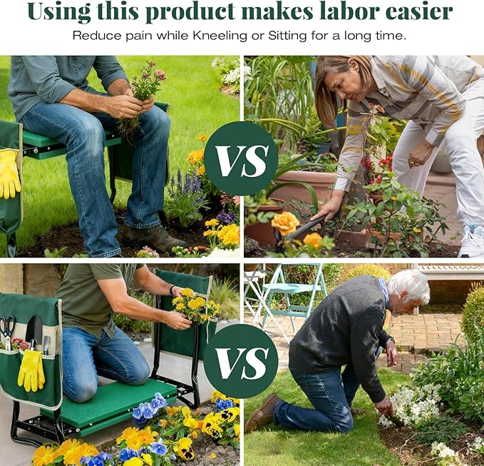 RAIN SPIRIT Garden Kneeler and Seat with Thicken & Widen Soft Kneeling Pad,Heavy Duty Gardening Bench Kneeler and seat Foldable Gardening Stool with 2 Tool Pouches，Gifts for Women, Seniors, Mom & Dad