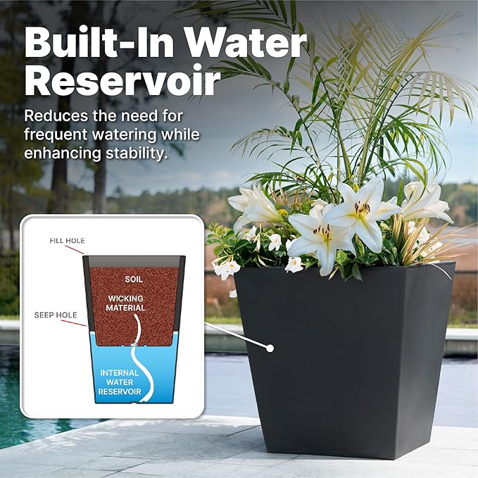 Step2 Tremont 20x24 Planter, Large Planters for Outdoor Plants, Gardening and Flower Pot for Patio or Porch, Efficient Drainage, Durable Plastic, Black, 2-Pack