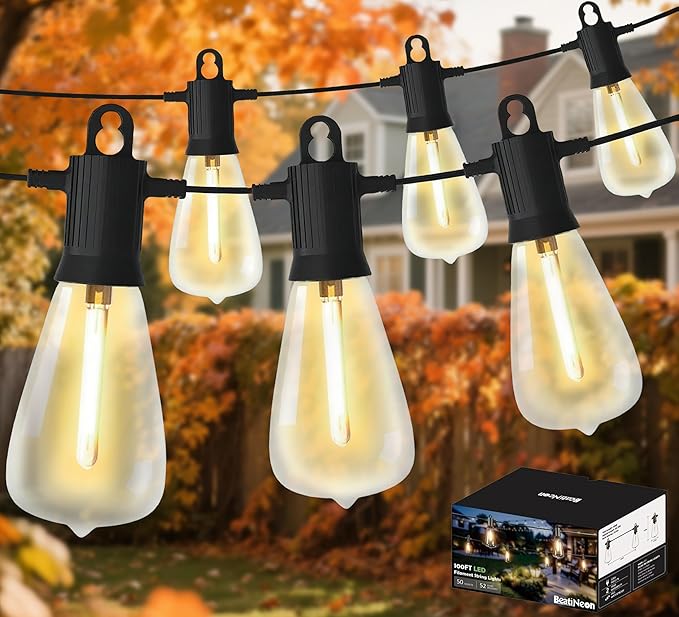 LED Outdoor String Lights 100FT, Waterproof Patio Lights with 52 (50+2 Spare ST38 Shatterproof Replaceable Bulbs), Connectable Dimmable Outside Hanging Light for Porch Garden Deck Bistro Backyard