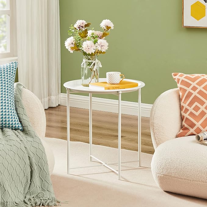 VECELO Side/End Table, Folding Round Metal Anti-Rust and Waterproof Outdoor or Indoor Tray for Living Room Bedroom Balcony and Office, 1 PCS, Beige