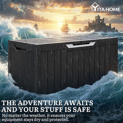 YITAHOME 100 Gallon Large Outdoor Storage Box, Water Resistant Resin Deck Box w/Silver Decorative PVC Trim Pane, Lockable Rattan Storage Container for Patio, Garden, Cushions, Tools(Black & Silver)
