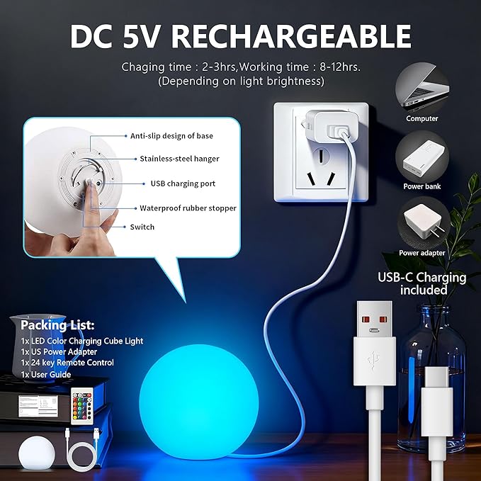 10-inch LED Glow Ball Light, Garden Light Globe with Remote, RGB Color Changing Outdoor Globe Light, USB Rechargeable Ambient Orb for Patio, Wedding