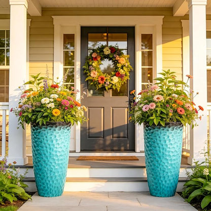 23.75" H Large Tall Outdoor Planters, Set of 2 Plastic Large Flower Pots for Outdoor Plants, with Turquoise Teal Honeycomb Texture, Weather-Resistant for Porch, Garden, Patio or Indoor Use