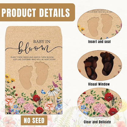 JarThenaAMCS 50Pcs Wildflower Baby Shower Seed Packets Self Adhesive Kraft Envelope with Footprint Window Vintage Floral Baby in Bloom Seed Storage Pockets for Gender Reveal Birthday（No Seeds）
