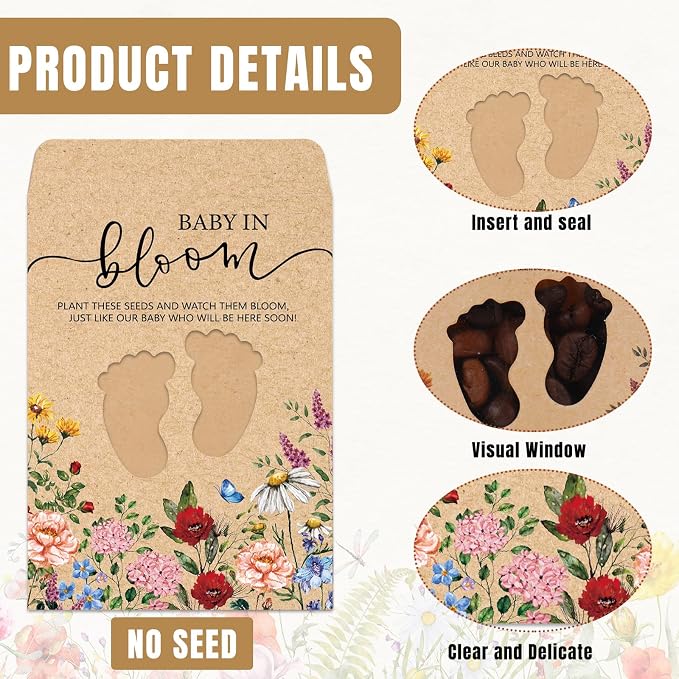JarThenaAMCS 200Pcs Wildflower Baby Shower Seed Packets Self Adhesive Kraft Envelope with Footprint Window Vintage Floral Baby in Bloom Seed Storage Pockets for Gender Reveal Birthday