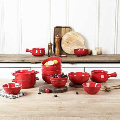 vicrays French Onion Soup Bowls With Handles, 26 Ounce for Soup, Chili, Beef Stew, Chip Resistant, Dishwasher Microwave Safe, Set of 4 (Red)