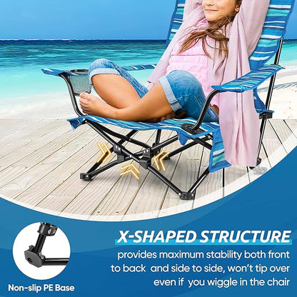 HaSteeL Folding Beach Chair Set of 2, Foldable Striped Camping Chairs for Outside, Low Beach Chair Portable for Adults Fishing, Picnic, Outdoor BBQ, Travel, Sports, Cup Holder & Storage Bag