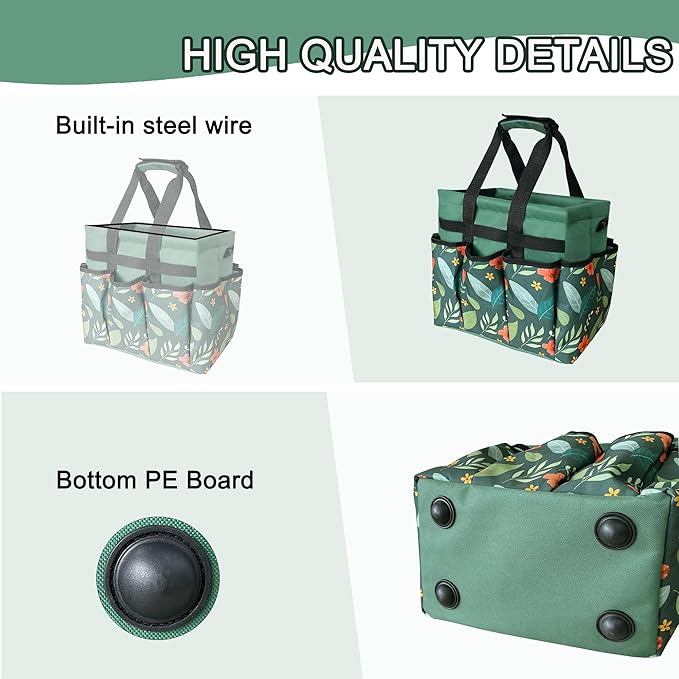 Standable Garden Tool Bag for Women, Oxford Multi-Pocket Gardening Tote with Hard Bottom & Adjustable Shoulder Strap