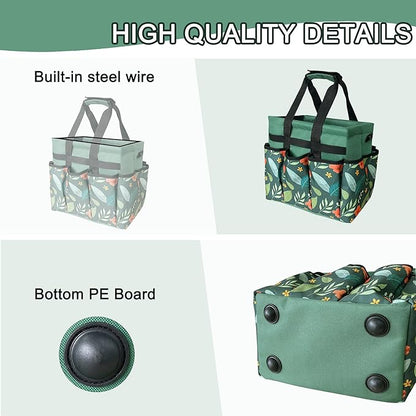 Standable Garden Tool Bag for Women, Oxford Multi-Pocket Gardening Tote with Hard Bottom & Adjustable Shoulder Strap
