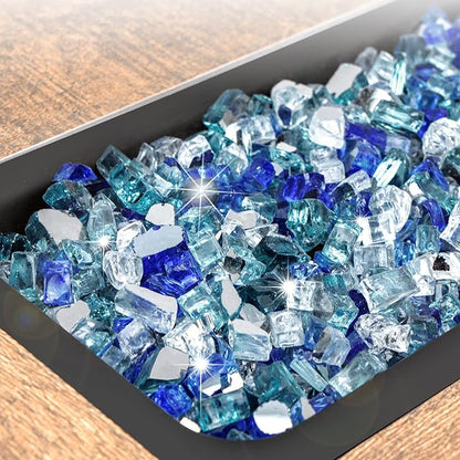 GASPRO 10 lbs Fire Glass for Propane Fire Pit, 1/2-Inch Reflective Fireplace Glass Rocks for Fire Pit Table, Blend of Cobalt Blue, Caribbean Blue and Platinum