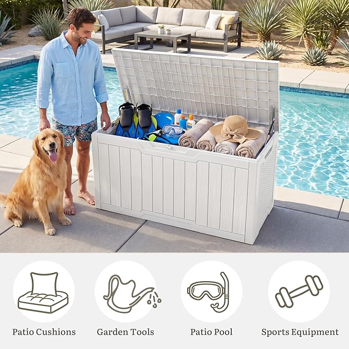 YITAHOME 100 Gallon Large Outdoor Deck Box, Waterproof Resin Storage Box, Lockable Indoor Outdoor Storage Container for Patio Furniture Cushions, Pool Accessories, Garden Tools, White