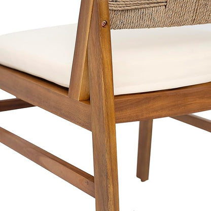 Christopher Knight Home Alan Outdoor Dining Chairs Set of 2, Wicker Woven Back Dining Chairs, Cushion Armless Chair, H Shaped Design Back, Acacia Wood Chair for Patio Poolside Garden, Teak+Cream