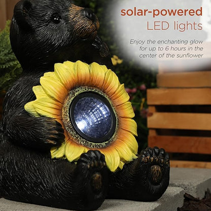 Alpine Corporation 16" H Outdoor Solar Powered Bear Statues with Sunflower LED Light, Brown/Yellow