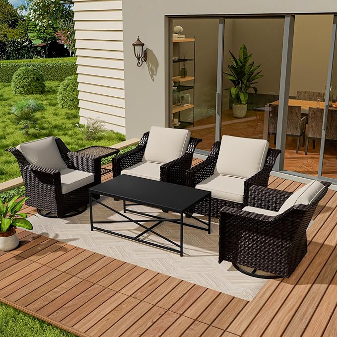 Vista Vibe 6 Pieces Outdoor Rattan Patio Conversation Furniture Set - 360 Degree Swivel Glider Rocker Chairs | Coffee Table | 2 Wicker Chairs, Washable Cushions, Terrace, Sunroom (Brown/Beige)