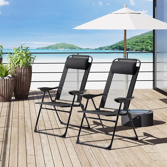 Outsunny Folding Patio Dining Chairs Set of 2, Outdoor Deck Chair with Adjustable Sling Back, Camping Chair with Removable Headrest for Garden, Backyard, Lawn, Black