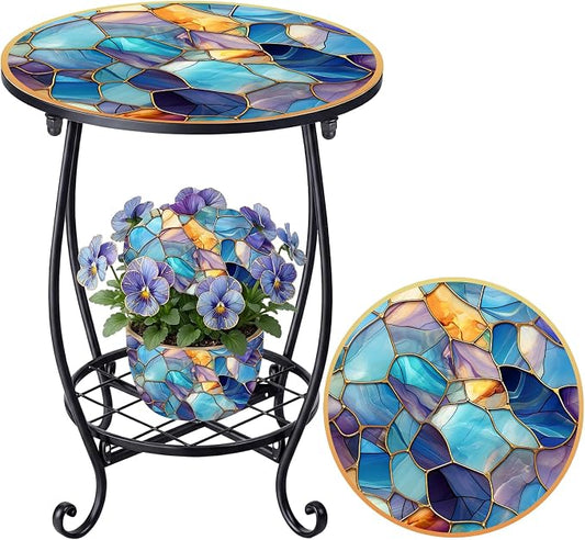 Cinnvoice Outdoor Side Table Round Small Mosaic Patio Accent Indoor End Plant Coffee Tea Table for Yard Patio Porch Garden Living Room, Bedroom(Marble Style,14 Inch)