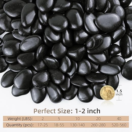 2lbs Black Pebbles for Indoor Plants, 1-2Inch Natural River Rocks for Aquarium, High Polished Decorative Stones for Vase Filler Fish Tank Landscaping Garden