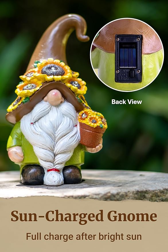 Solar Garden Gnome Statue, 7.67 Inch Resin Gnome Outdoor Decor for Yard, Backyard, Patio, Porch, Lawn; Garden Decor, Gnome Gifts, Birthday Gifts for Grandma Mom Women