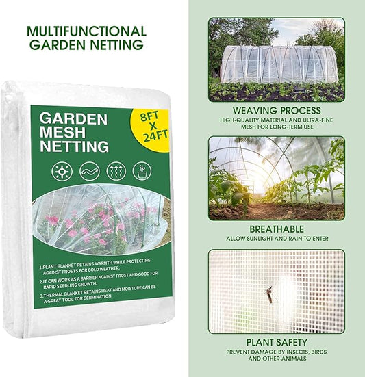 Garden Netting Kit for Raised Beds, 8x24Ft Ultra Fine Mesh Netting with 6 Sets Garden Hoops, Plant Row Cover Insect Netting Birds Pest Barrier Net for Vegetable Fruit Flowers