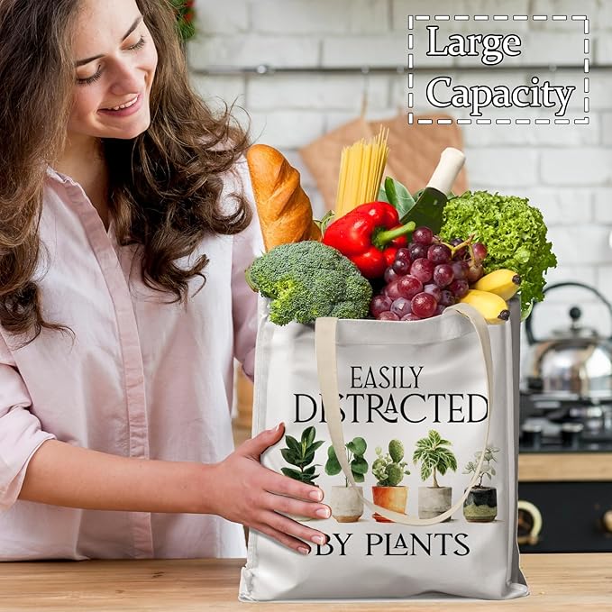 Funny Plant Tote Bag, Plant Lover Mom Lady Gifts Canvas Tote Bags, Gardening Gardener Gifts for Women, Easily Distracted by Plants Reusable Grocery Shopping Bags