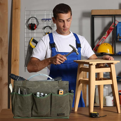 Tool Bag with Metal Frame, Waxed Canvas Wide Open Top Tool Tote Bag with 9 External Pockets, 15.5 x 7.5 x 10.5 Inches (ArmyGreen)