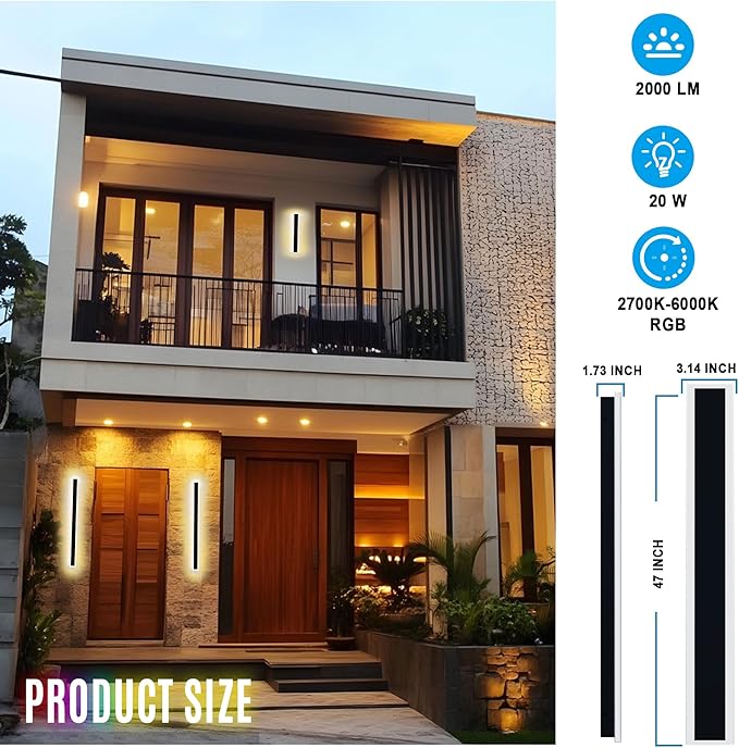 2PCS 47" RGBW LED Long Wall Light Outdoor, Black Led Wall Sconces, IP66 Waterproof Lighting, Exterior Light Fixtures Wall-Mount, APP Control for Outdoor/Indoor Party Gathering