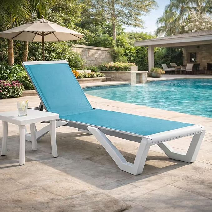 Kozyard Outdoor Chaise Lounge Chair Set Fully Flat Adjustable Patio Lounger | Aluminum Frame, Resin Legs, Textilene Fabric for Poolside, Backyard, Beach, Aqua, Chair + Table
