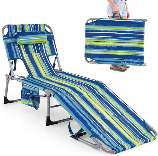 GYMAX Tanning Chair with Face Hole, Sun Bathing Lounge Chairs for Outside with Side Pocket, Folding Portable Face Down Layout Tanning Chair Beach, Backyard, Poolside, Lawn (Blue Stripe,1)
